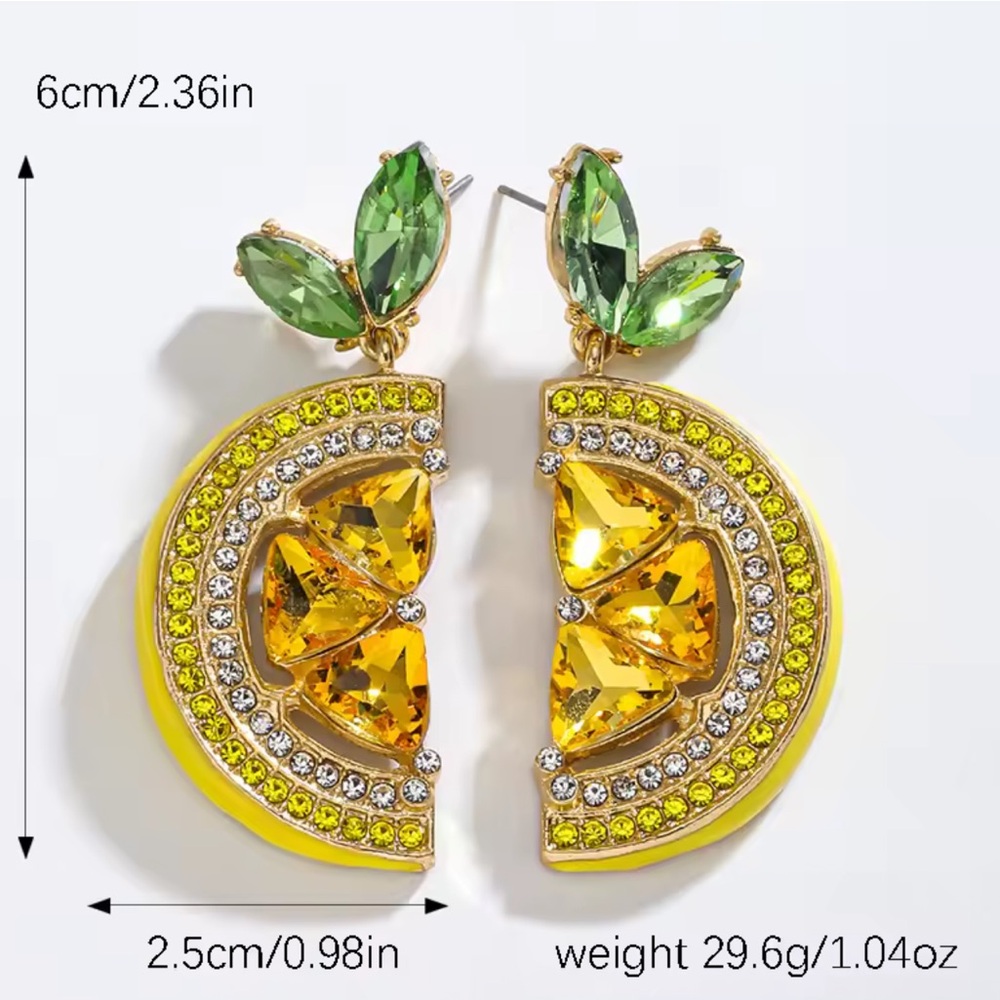 Rhinestone Lemon Earrings Cute Summer Fruit Jewelry - Picture 3 of 3